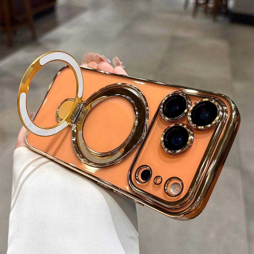 Luxury Transparent Plating Magnetic Case for iPhone 11–17 Series | MagSafe Compatible Ring Stand Cover