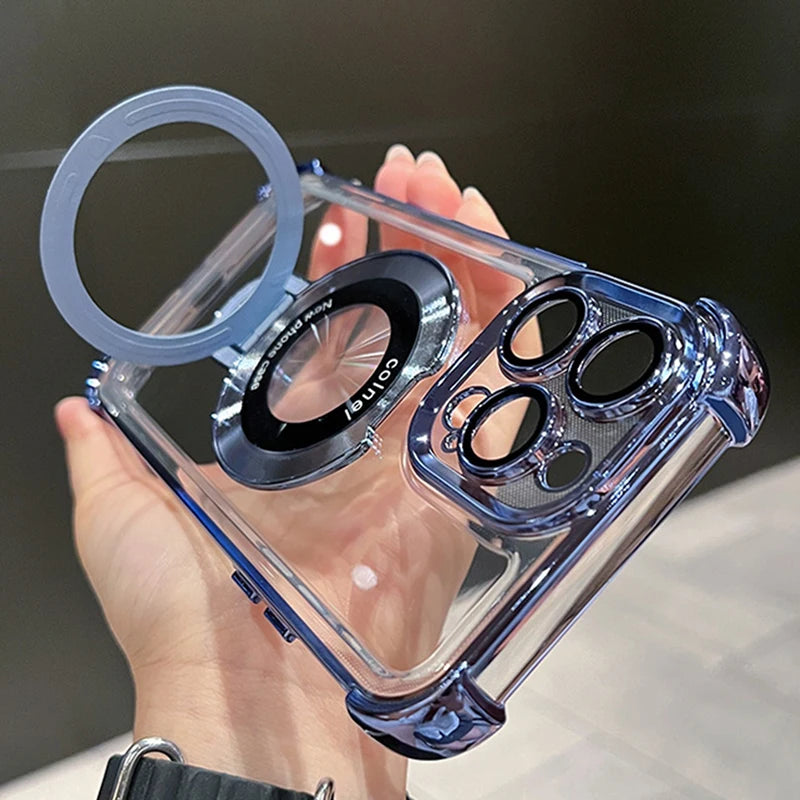 Luxury Plating Transparent Magnetic Case for iPhone 11–17 Series | MagSafe Compatible Ring Holder Cover