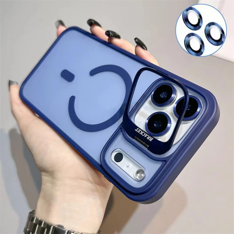 Translucent Matte Phone Case for iPhone 11–17 Series | MagSafe Compatible Camera Stand & Lens Glass Protector