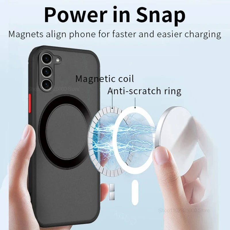 Armor Matte Magnetic Half-Wrapped Case for Samsung Galaxy S22-S25 Ultra | Shockproof Transparent Wireless Charging Cover