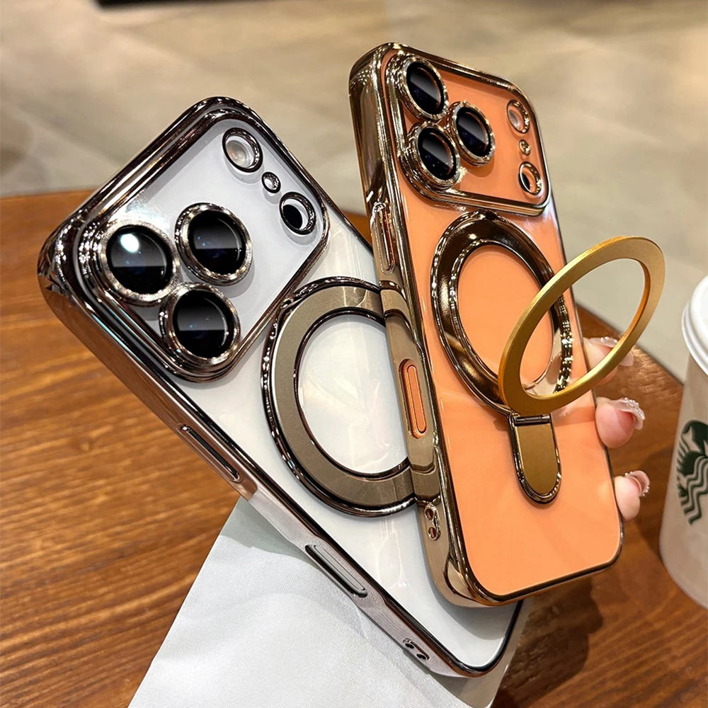Luxury Transparent Plating Magnetic Case for iPhone 11–17 Series | MagSafe Compatible Ring Stand Cover