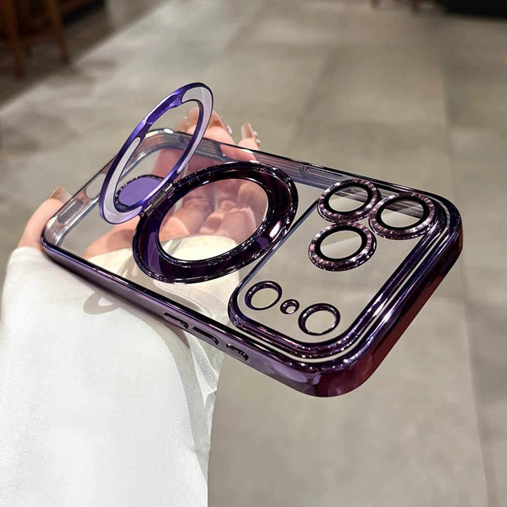 Luxury Transparent Plating Magnetic Case for iPhone 11–17 Series | MagSafe Compatible Ring Stand Cover
