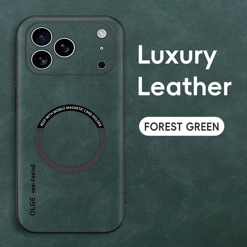 Luxury Sheepskin Magnetic Leather Phone Case for iPhone 11–17 Series | MagSafe Compatible Shockproof Cover