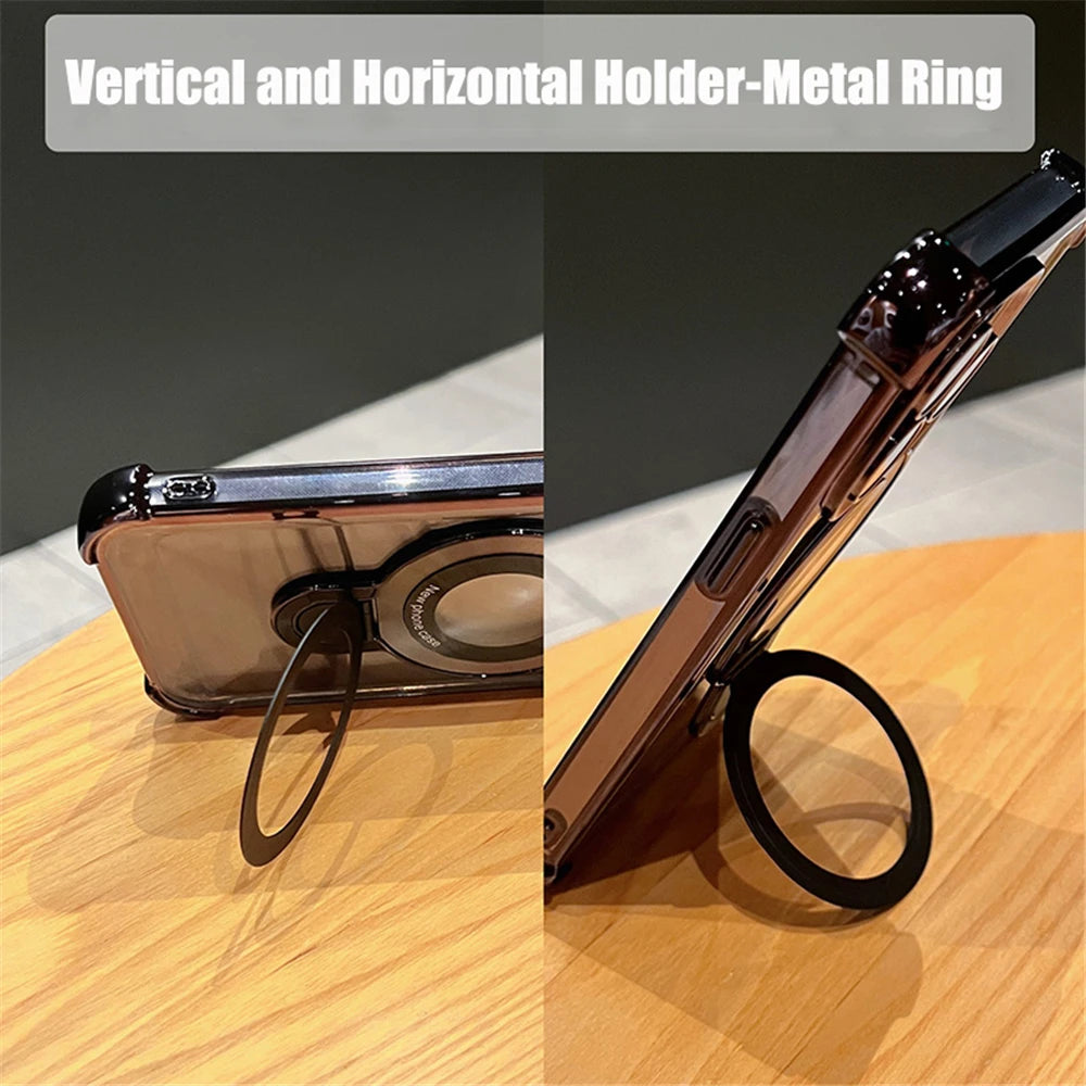 Luxury Plating Transparent Magnetic Case for iPhone 11–17 Series | MagSafe Compatible Ring Holder Cover