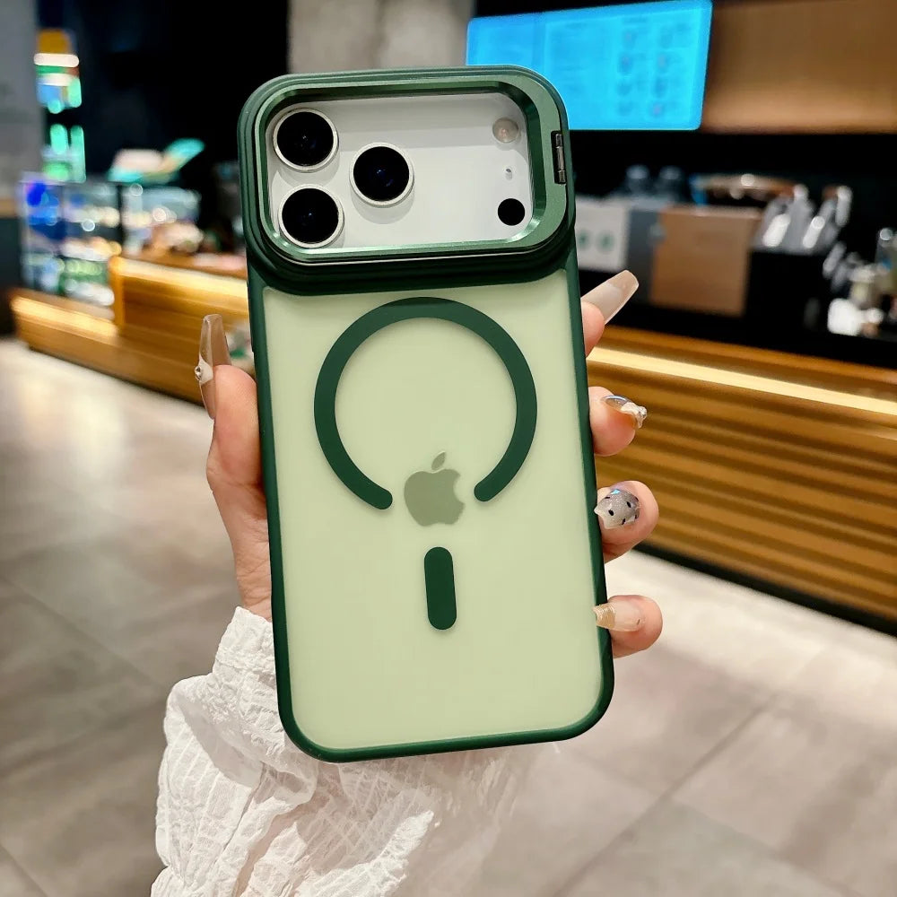 Translucent Matte Magnetic Case for iPhone 11–17 Series | MagSafe Compatible Camera Protector & Metal Stand Cover