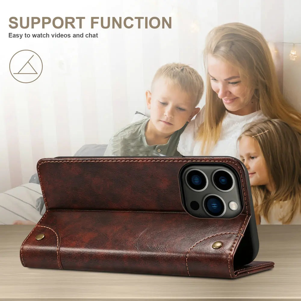 Retro Leather Magnetic Wallet Case with Kickstand | Shockproof & Full Protection for iPhone 16 Series