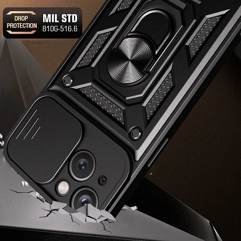 Magnetic Dual-Layer Phone Case with Ring & Kickstand | Anti-Scratch & Dustproof for iPhone