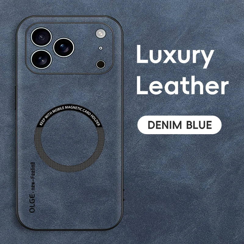 Luxury Sheepskin Magnetic Leather Phone Case for iPhone 11–17 Series | MagSafe Compatible Shockproof Cover