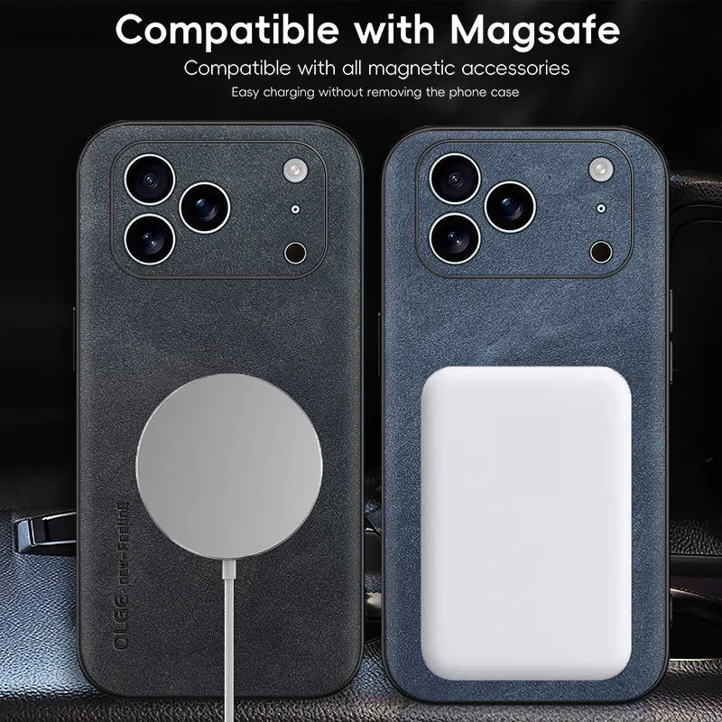 Luxury Sheepskin Magnetic Leather Phone Case for iPhone 11–17 Series | MagSafe Compatible Shockproof Cover