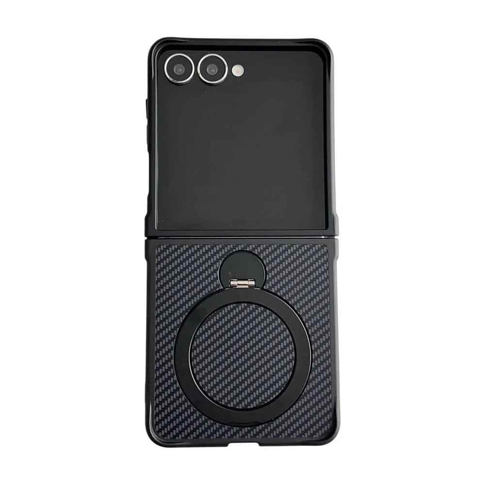 Samsung Galaxy Z Flip 7 Case | Hard Carbon Fiber Magnetic Ring Stand Full-Coverage Protective Case