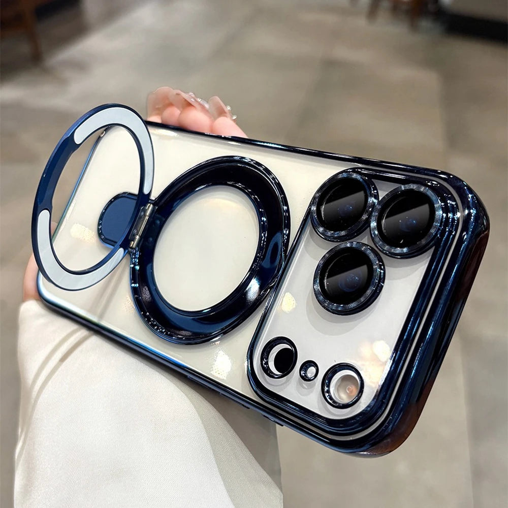 Luxury Transparent Plating Magnetic Case for iPhone 11–17 Series | MagSafe Compatible Ring Stand Cover