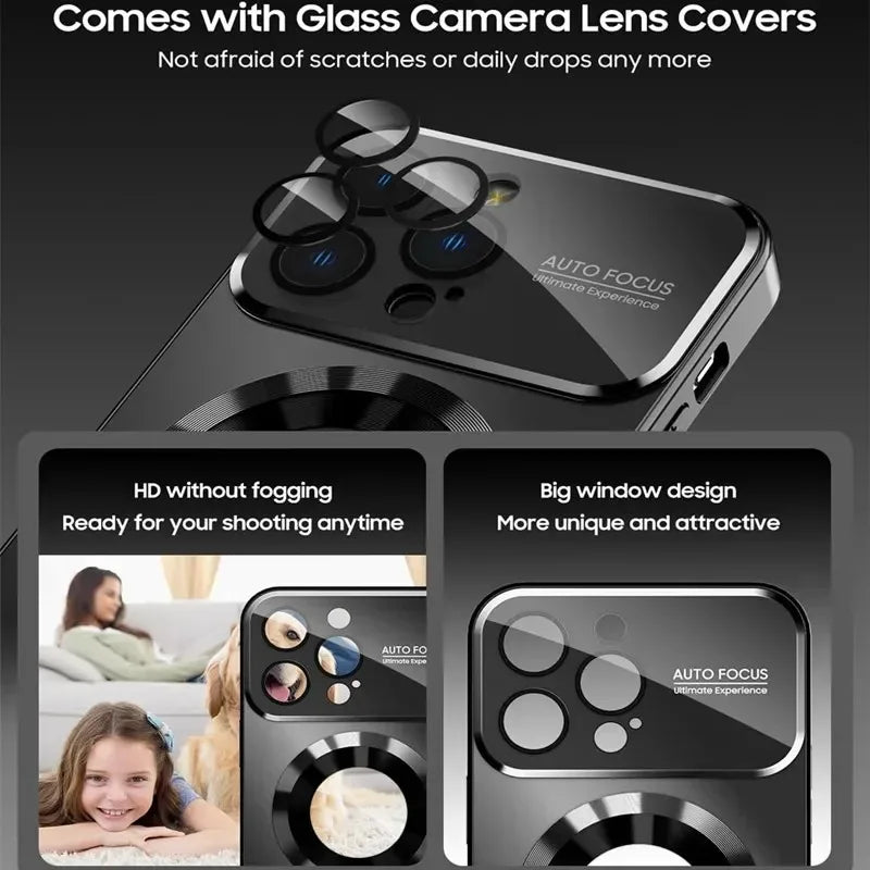 Luxury Glass Camera Lens Protection Magnetic Case for iPhone 11–17 Series | MagSafe Compatible Half-Wrapped Cover