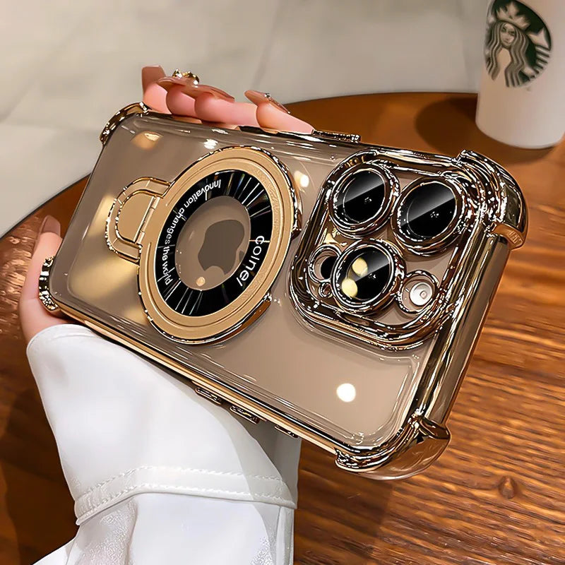 Luxury Plating Transparent Magnetic Case for iPhone 11–17 Series | MagSafe Compatible Ring Holder Cover
