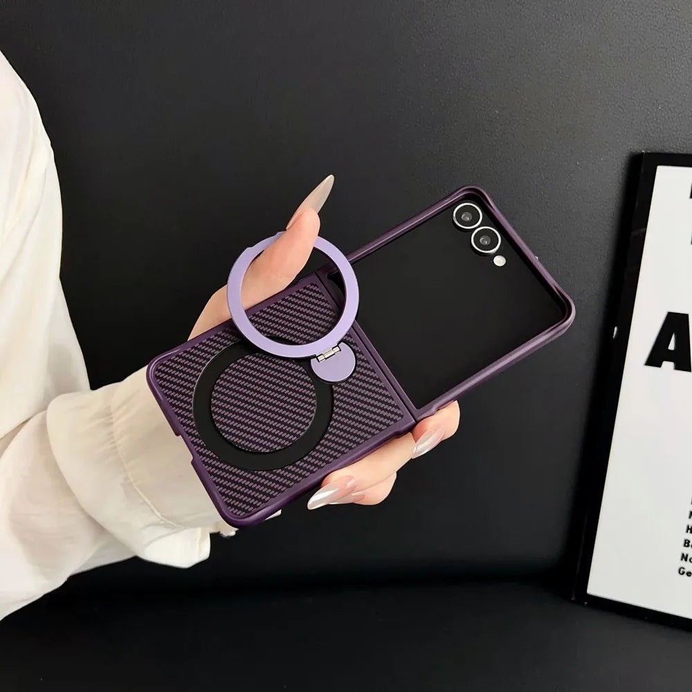 Samsung Galaxy Z Flip 7 Case | Hard Carbon Fiber Magnetic Ring Stand Full-Coverage Protective Case