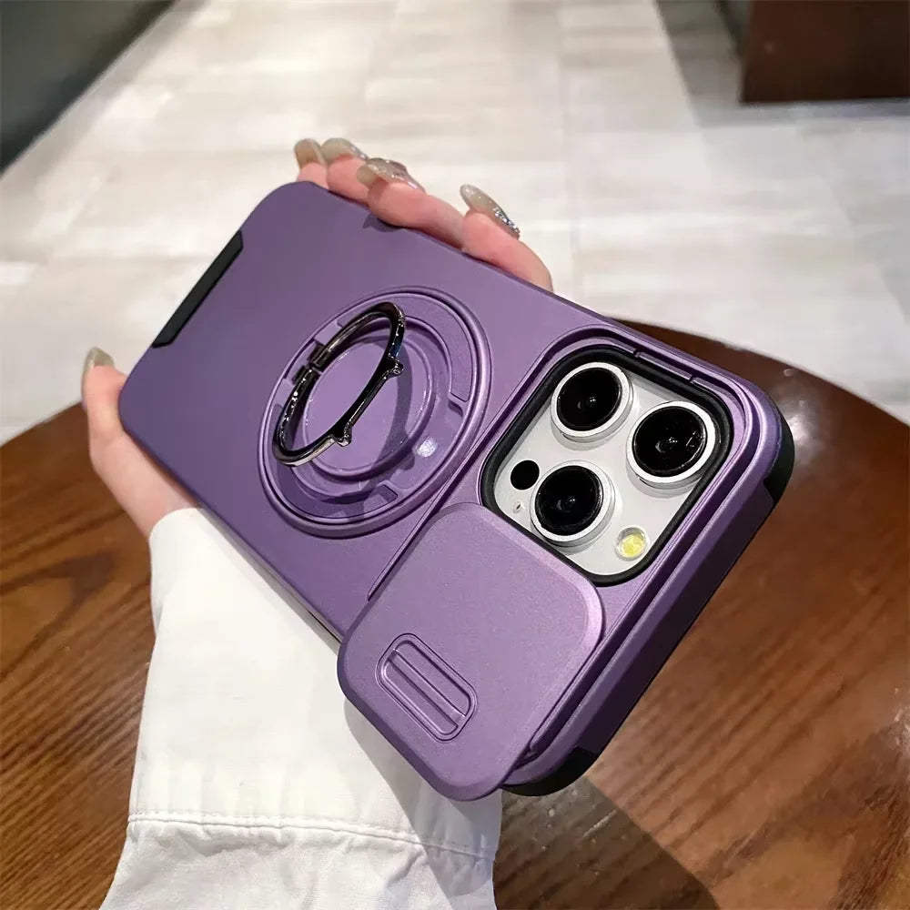 360 Rotating Hidden Metal Ring Stand Phone Case For iPhone 16 11 13 12 15 Pro Max 15 16 Plus 17 Air Slide Camera Protector Cover