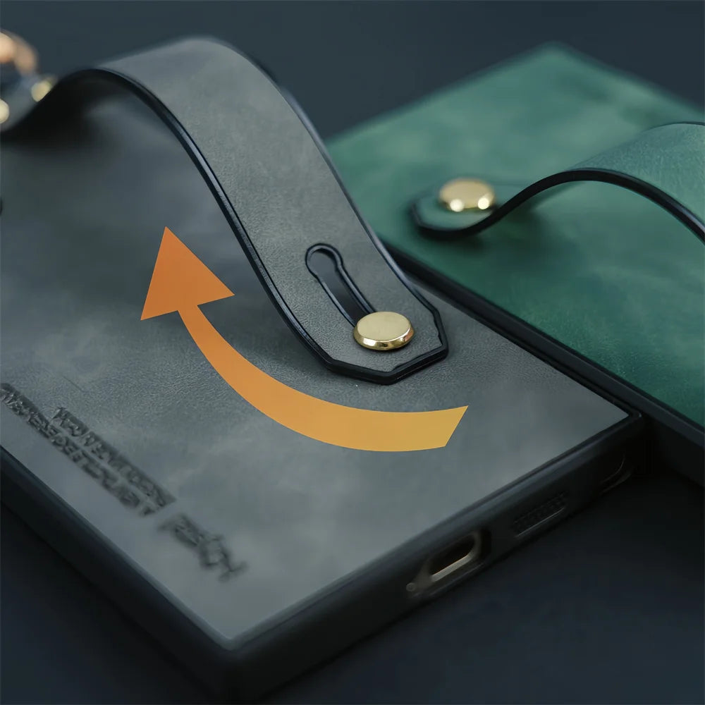 Luxury Leather Wristband Bracket Case for Samsung S21-S25 Ultra | Sheepskin Silicone Protector