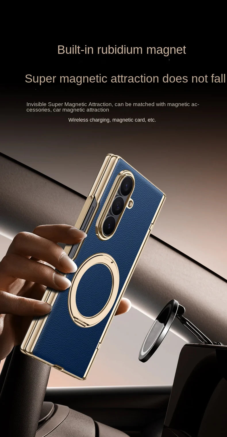 Luxury PU Leather Case for Samsung Galaxy Z Fold 7 | Ring Stand & Magnetic Wireless Charging