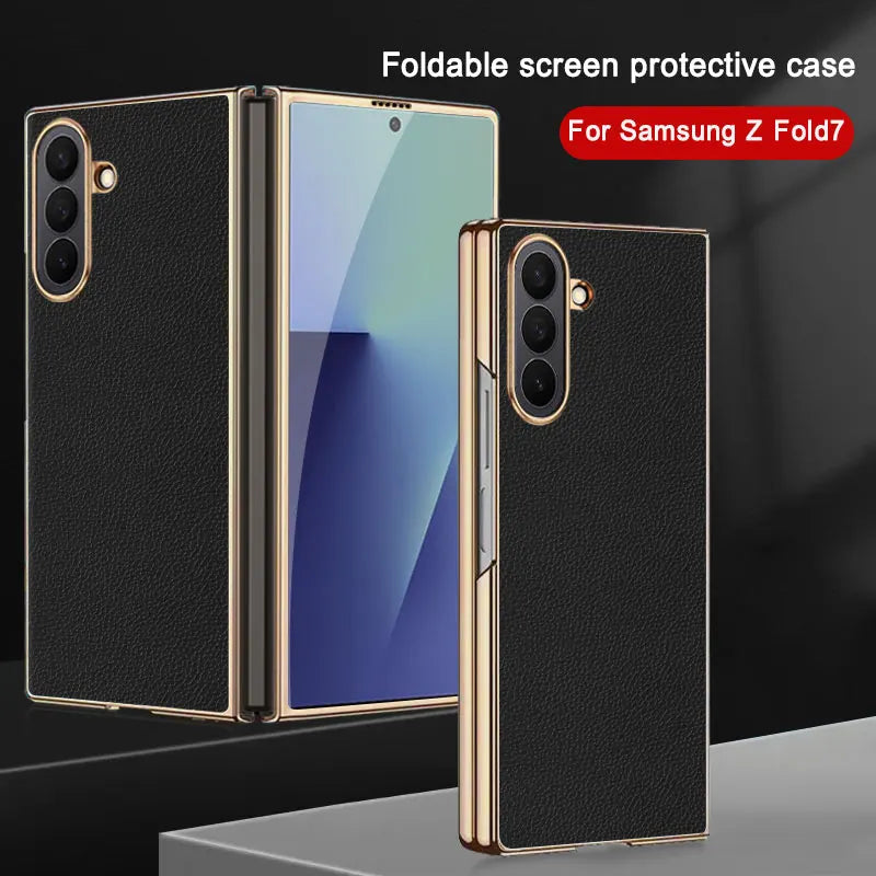 Samsung Galaxy Z Fold 7 Case | Luxury PU Leather Full-Coverage Protective Back Cover with Plated Finish
