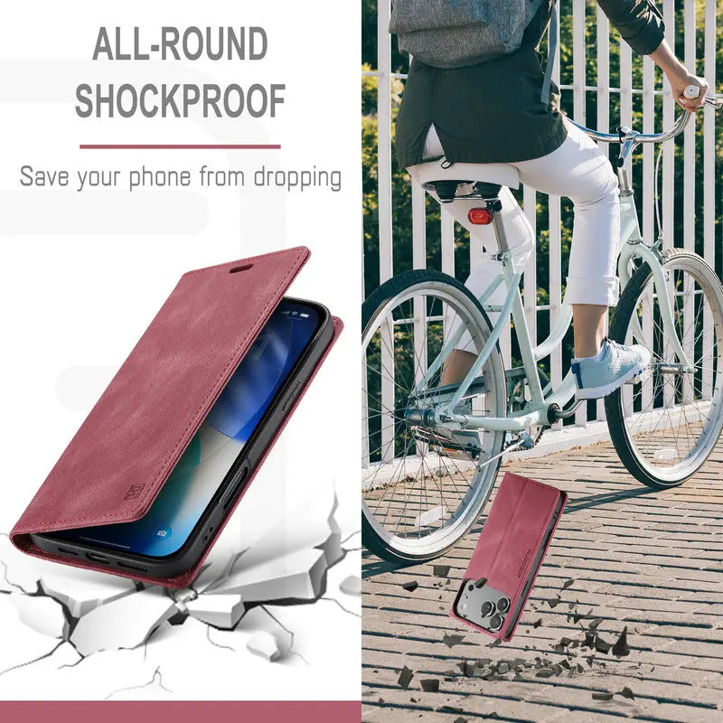 Retro PU Leather Wallet Phone Case | Magnetic Flip, Card & Cash Slot, Shockproof for iPhone