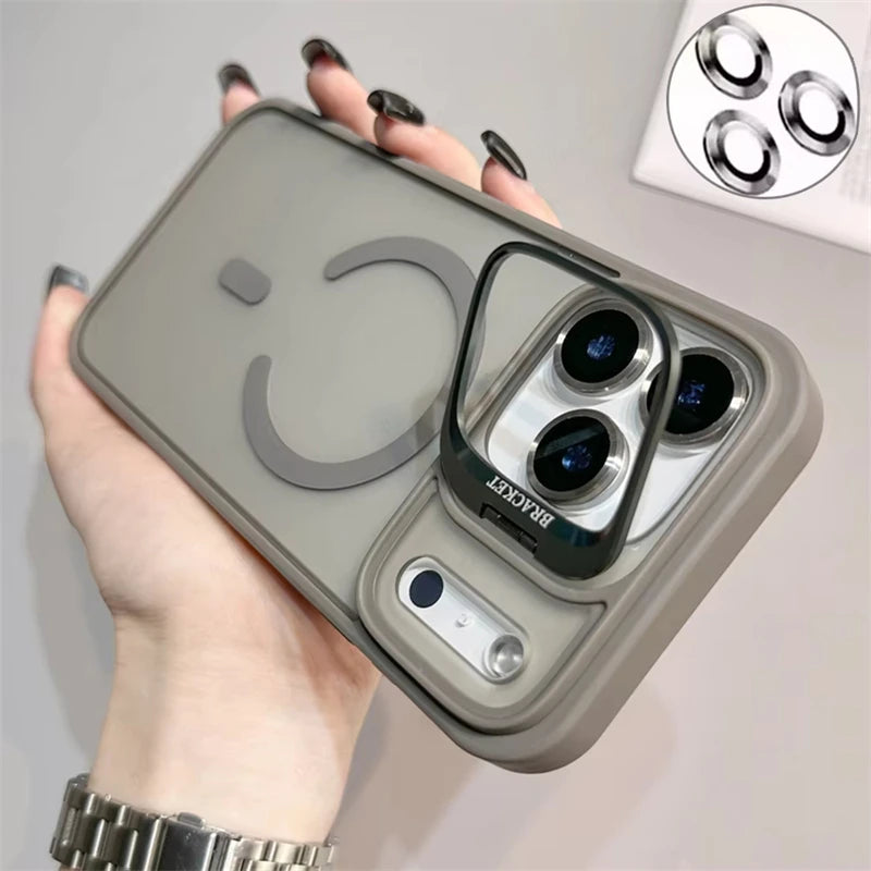 Translucent Matte Phone Case for iPhone 11–17 Series | MagSafe Compatible Camera Stand & Lens Glass Protector