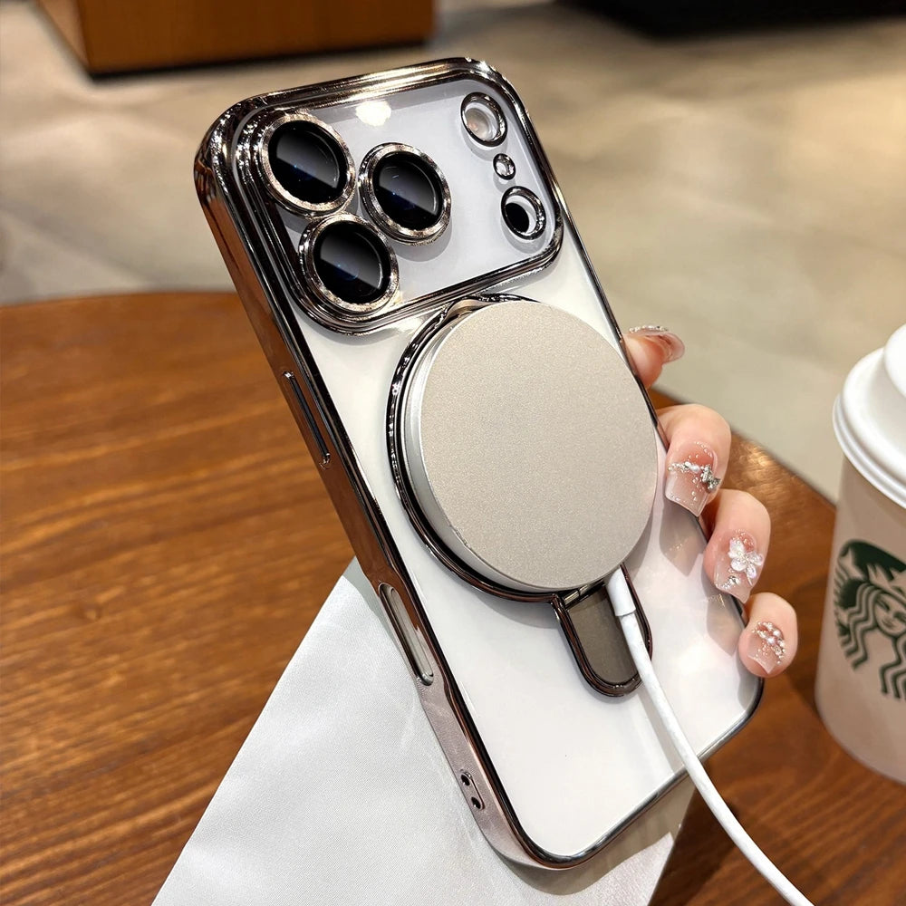 Luxury Transparent Plating Magnetic Case for iPhone 11–17 Series | MagSafe Compatible Ring Stand Cover