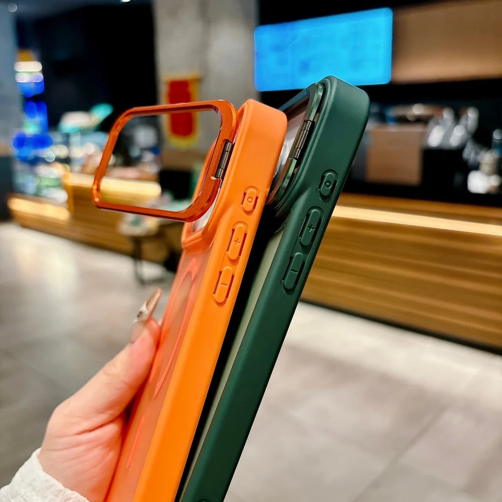 Translucent Matte Magnetic Case for iPhone 11–17 Series | MagSafe Compatible Camera Protector & Metal Stand Cover