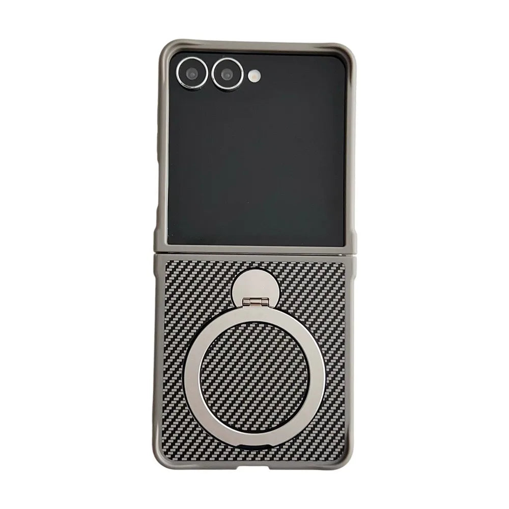 Samsung Galaxy Z Flip 7 Case | Hard Carbon Fiber Magnetic Ring Stand Full-Coverage Protective Case