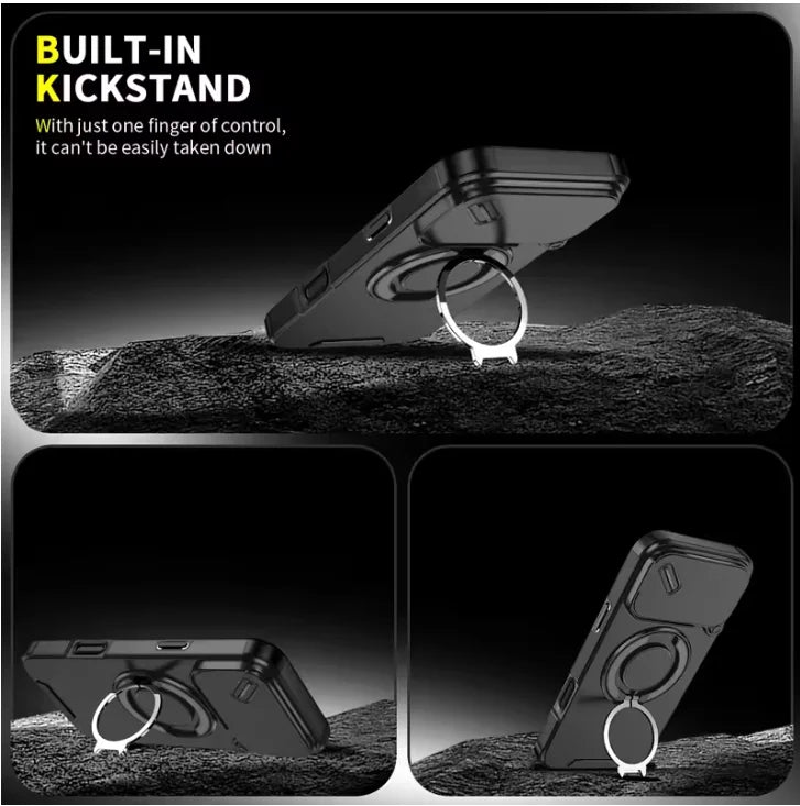 Magnetic Metal & PC+TPU Shockproof Phone Case with Hidden Stand | Anti-Fingerprint & Drop Protection