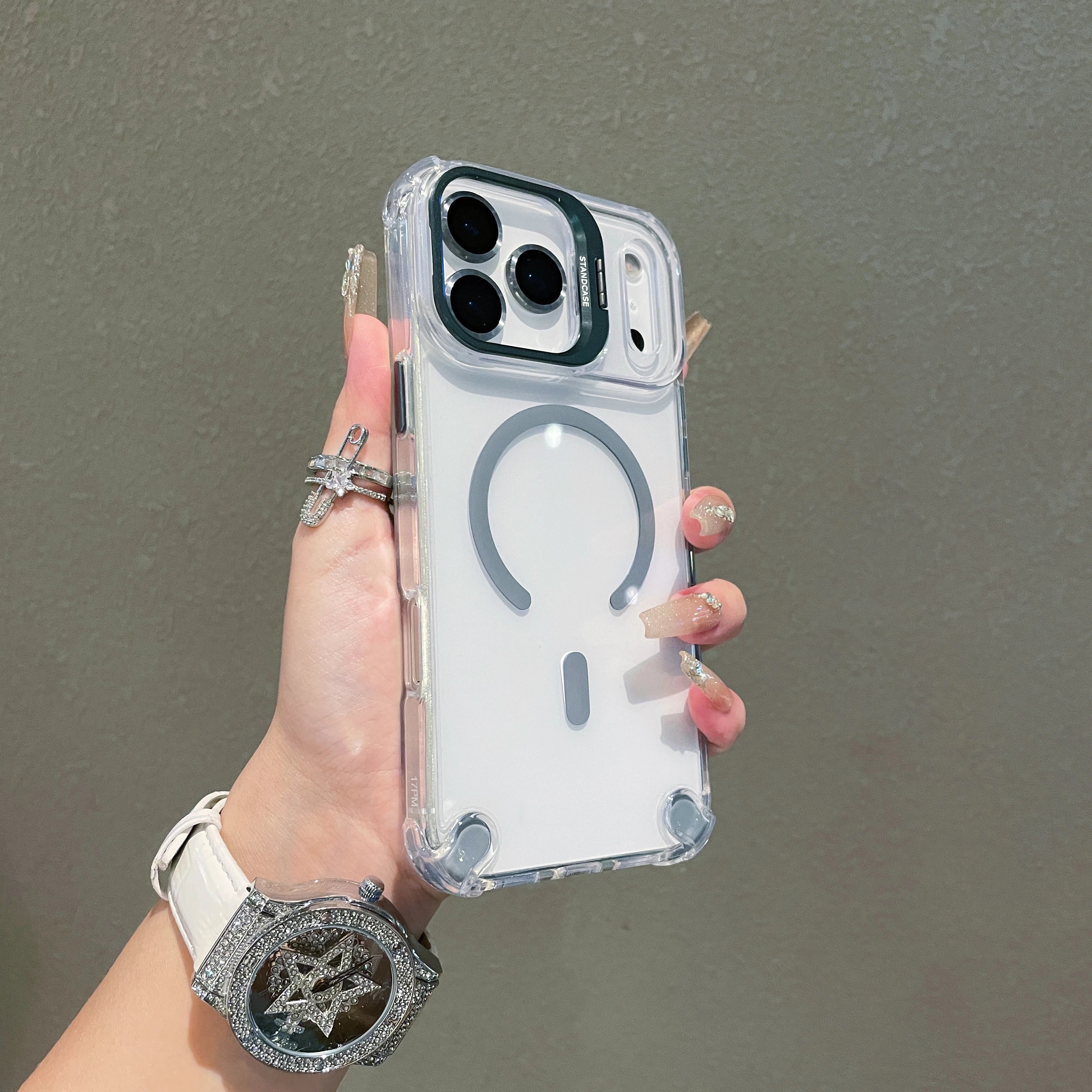 Transparent iPhone Case with Metal Ring Stand | MagSafe Wireless Charging Compatible