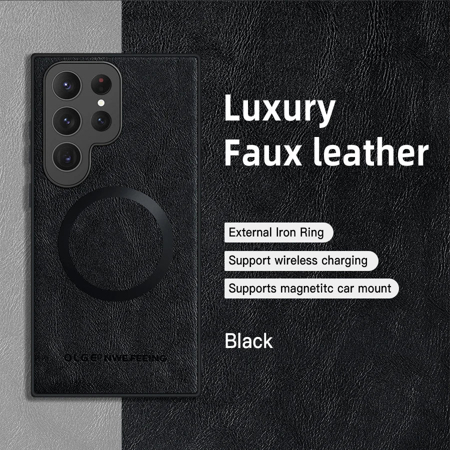Classic Leather Case for Samsung S21-S25 Series | Magnetic Charging Compatible Protector