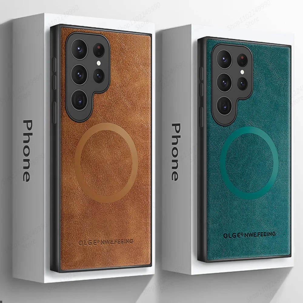 Classic Leather Case for Samsung S21-S25 Series | Magnetic Charging Compatible Protector