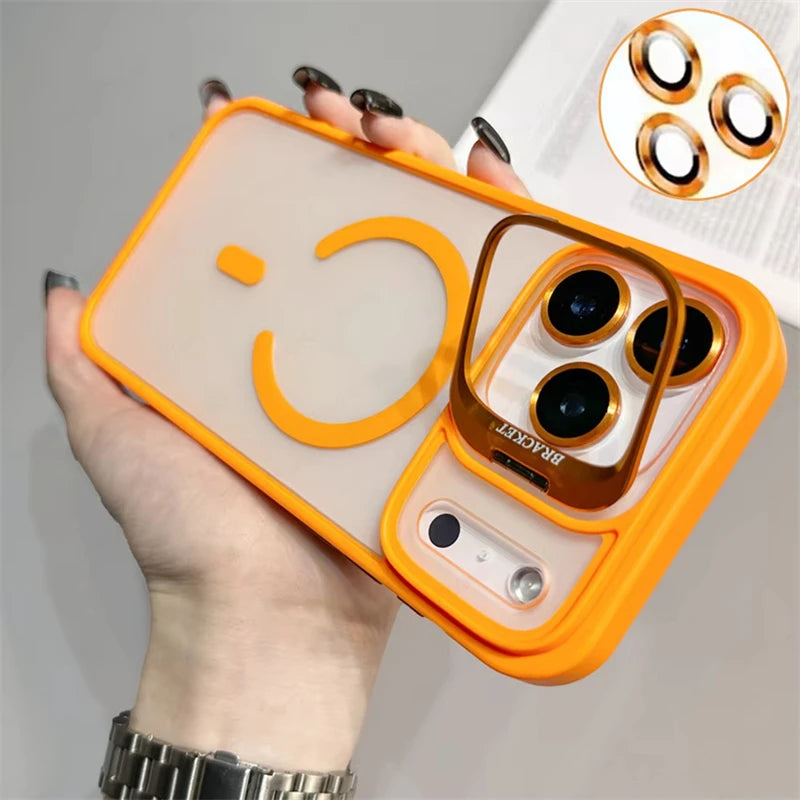 Translucent Matte Phone Case for iPhone 11–17 Series | MagSafe Compatible Camera Stand & Lens Glass Protector