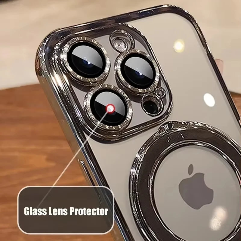 Luxury Transparent Plating Magnetic Case for iPhone 11–17 Series | MagSafe Compatible Ring Stand Cover