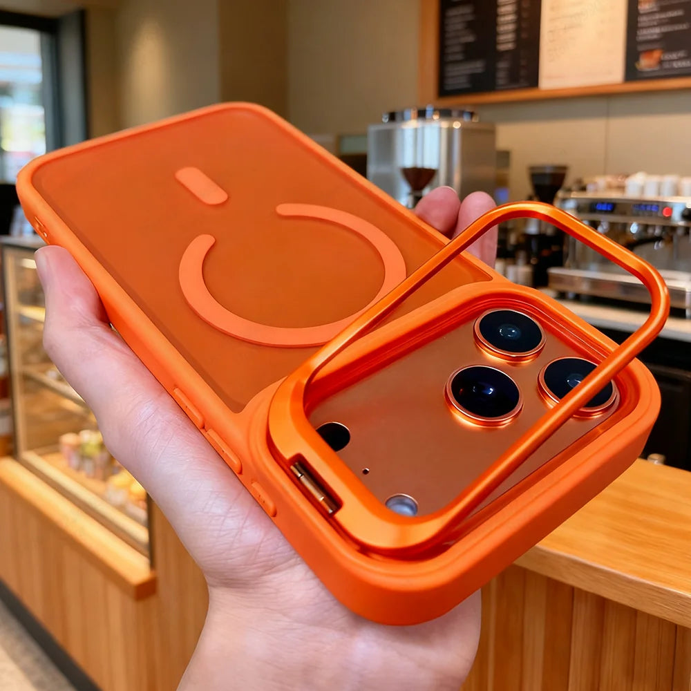 Translucent Matte Magnetic Case for iPhone 11–17 Series | MagSafe Compatible Camera Protector & Metal Stand Cover