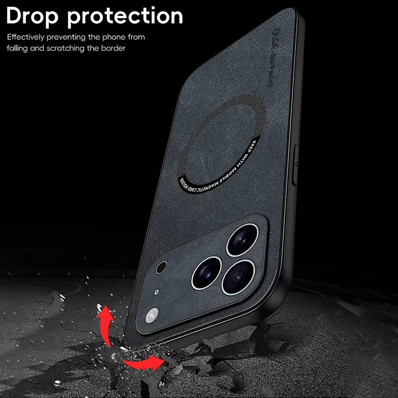 Luxury Sheepskin Magnetic Leather Phone Case for iPhone 11–17 Series | MagSafe Compatible Shockproof Cover
