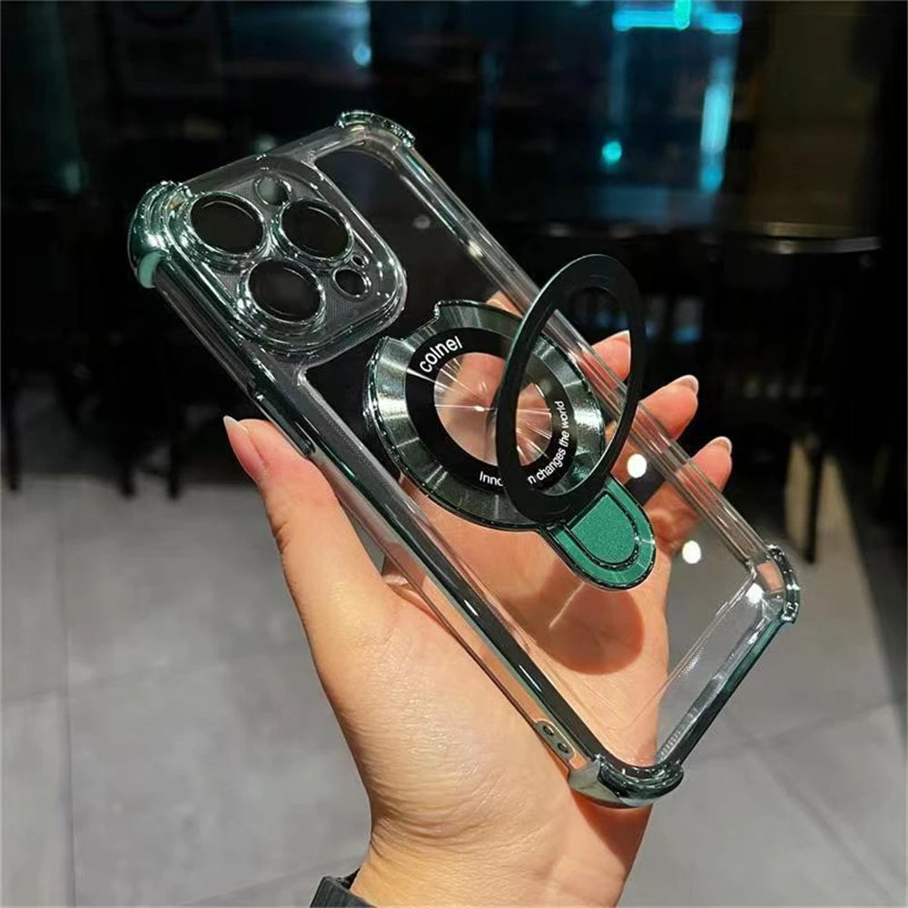Luxury Plating Transparent Magnetic Case for iPhone 11–17 Series | MagSafe Compatible Ring Holder Cover