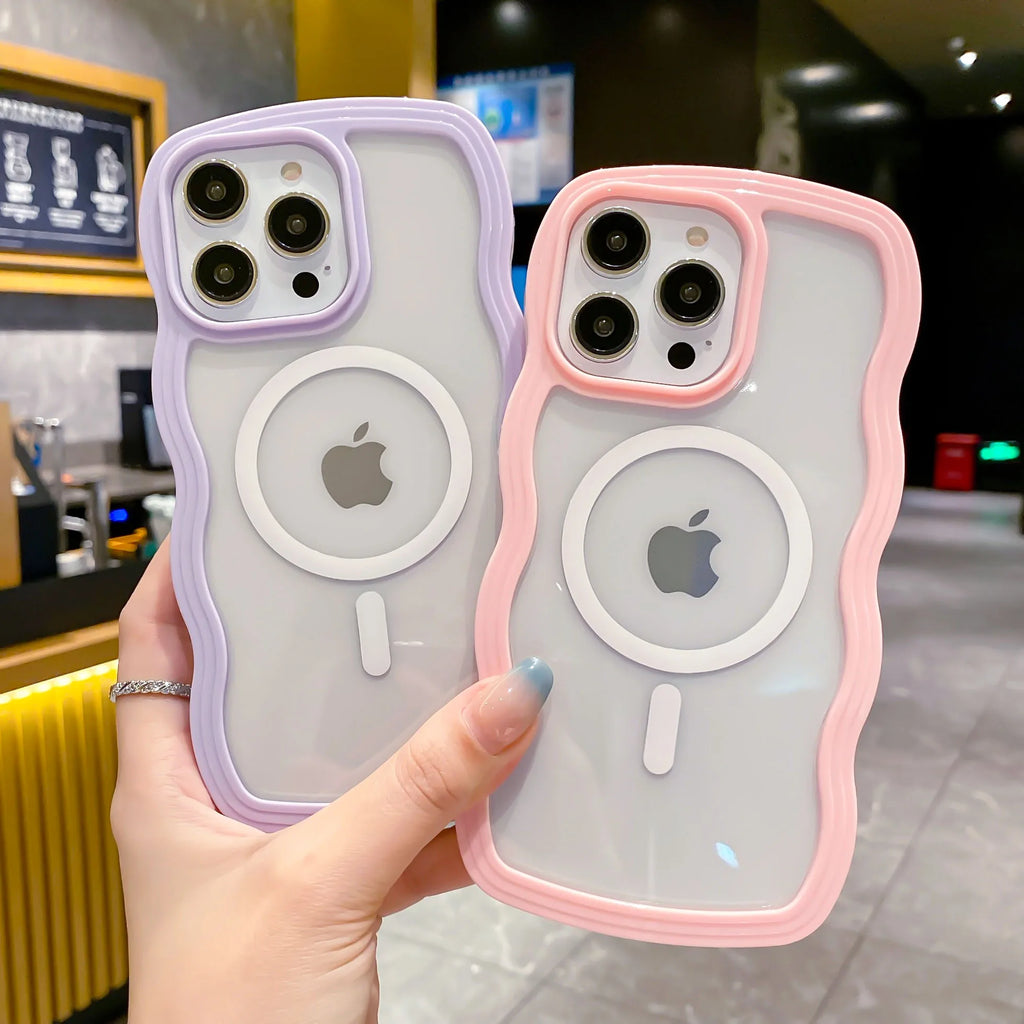 Cute Transparent Magnetic Case for iPhone 11–17 Series | MagSafe Compatible Wave Frame Protection Cover
