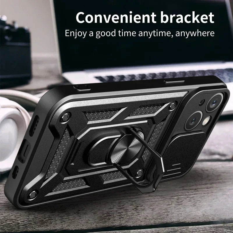 Magnetic Dual-Layer Phone Case with Ring & Kickstand | Anti-Scratch & Dustproof for iPhone