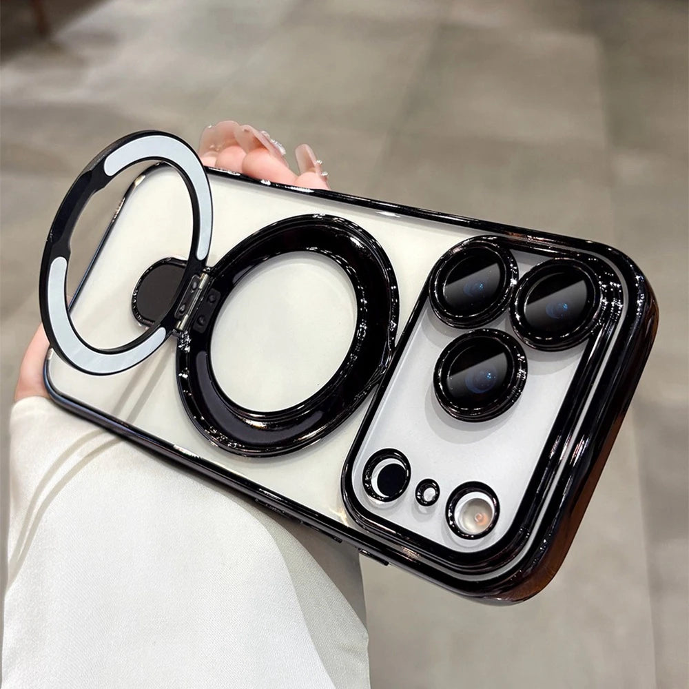 Luxury Transparent Plating Magnetic Case for iPhone 11–17 Series | MagSafe Compatible Ring Stand Cover