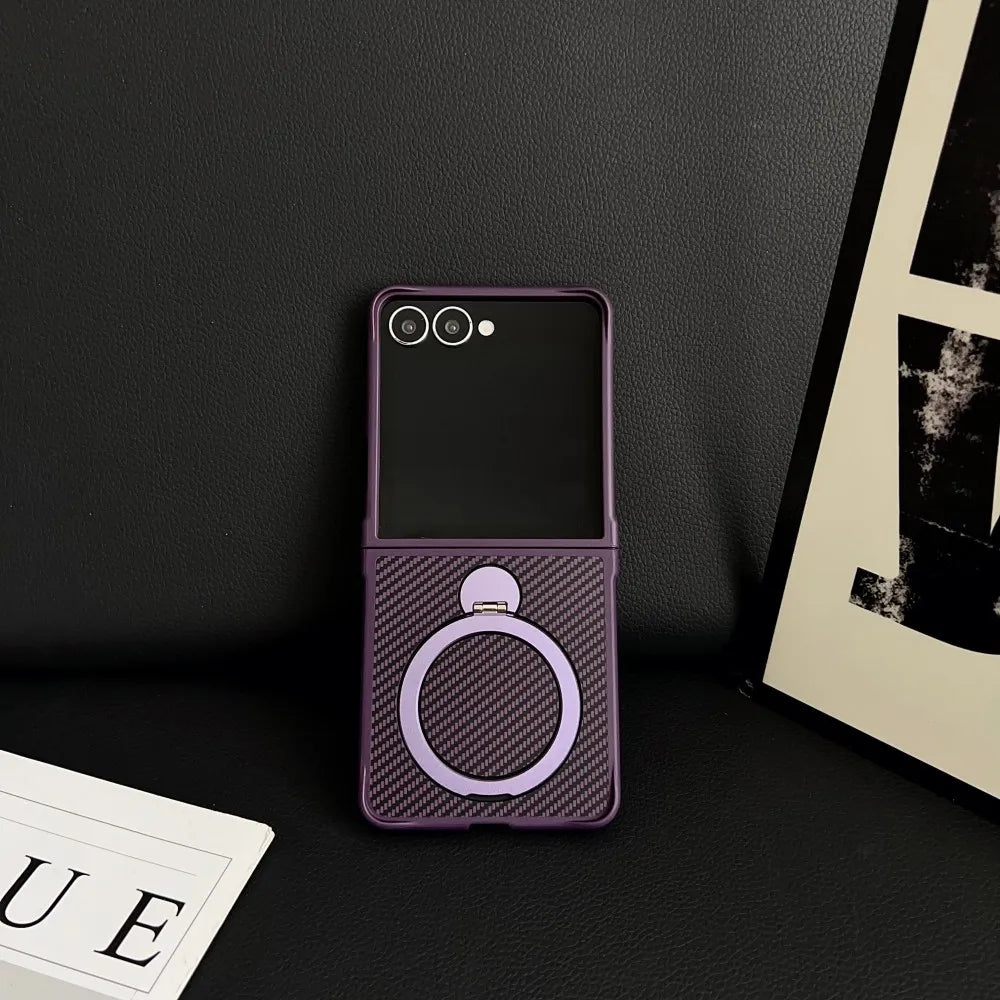 Samsung Galaxy Z Flip 7 Case | Hard Carbon Fiber Magnetic Ring Stand Full-Coverage Protective Case