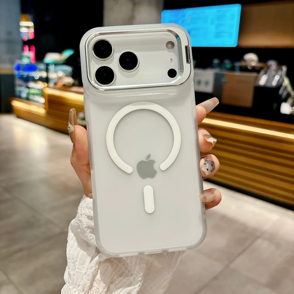 Translucent Matte Magnetic Case for iPhone 11–17 Series | MagSafe Compatible Camera Protector & Metal Stand Cover