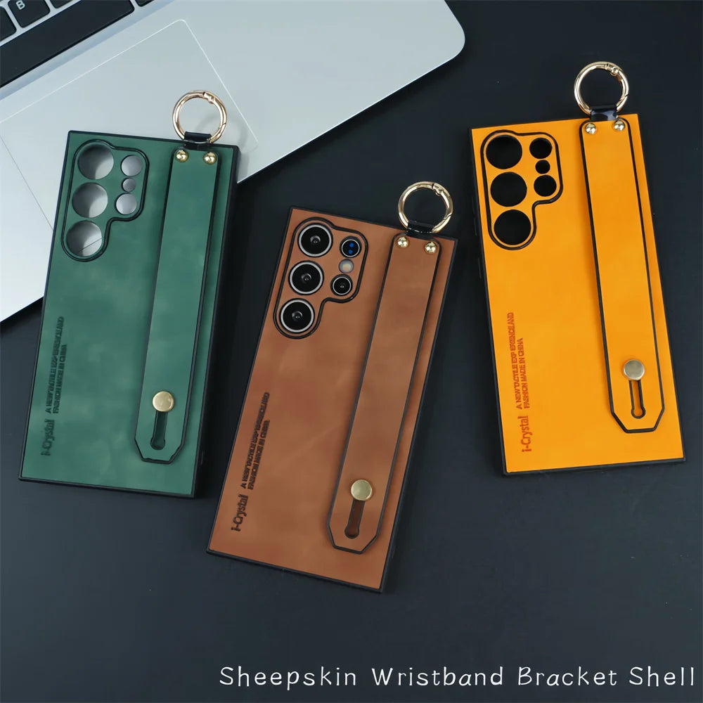 Luxury Leather Wristband Bracket Case for Samsung S21-S25 Ultra | Sheepskin Silicone Protector