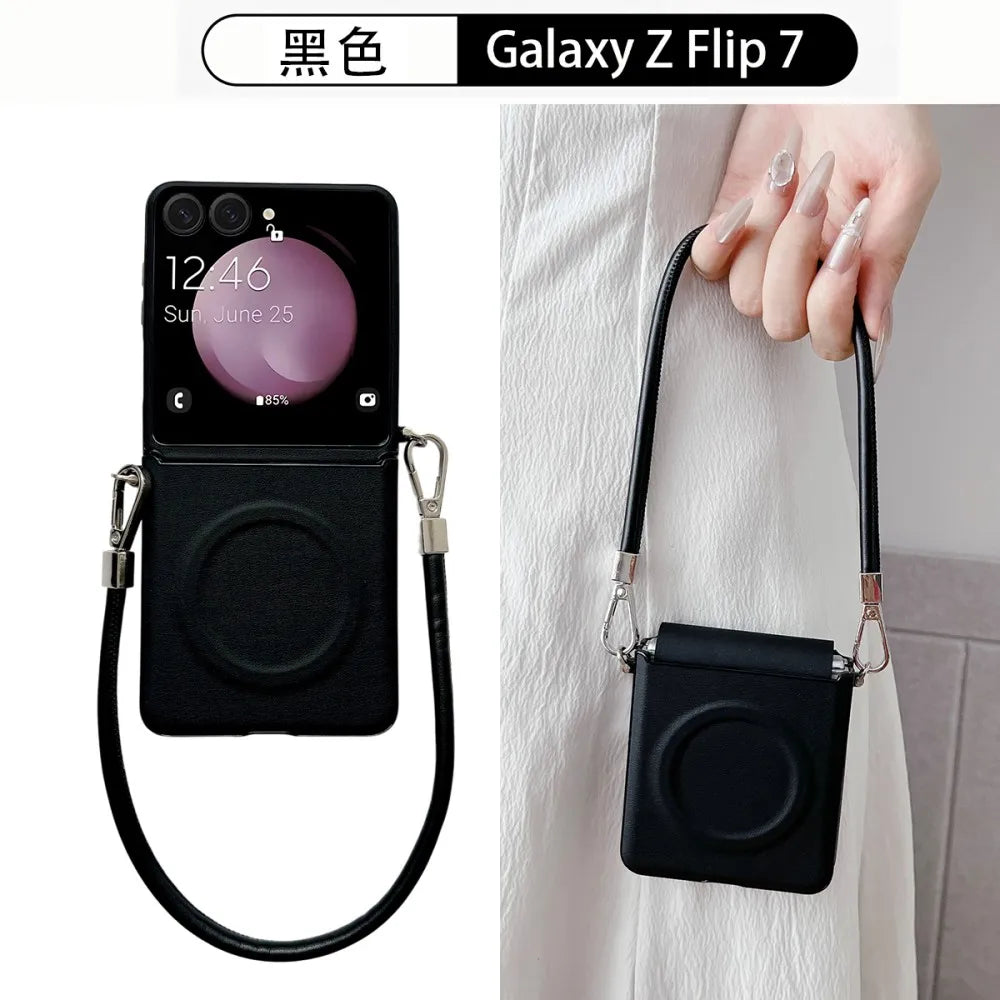 Samsung Galaxy Z Flip 7 Case | Luxury PU Leather Lanyard Magnetic Full-Coverage Protective Case
