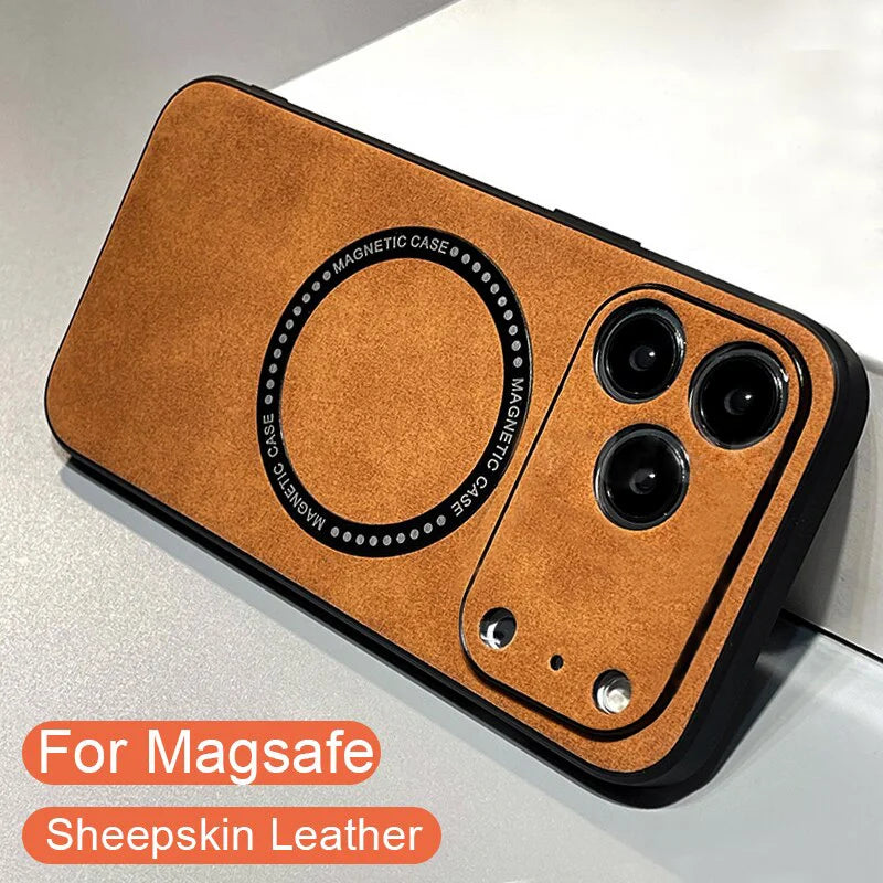 Luxury Sheepskin Magnetic Case for iPhone 11–17 Series | MagSafe Compatible Wireless Charger Cover