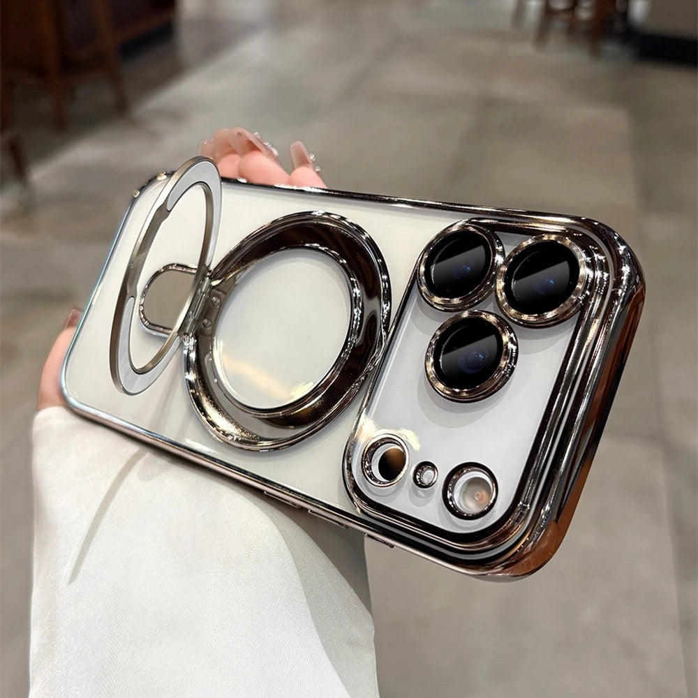 Luxury Transparent Plating Magnetic Case for iPhone 11–17 Series | MagSafe Compatible Ring Stand Cover
