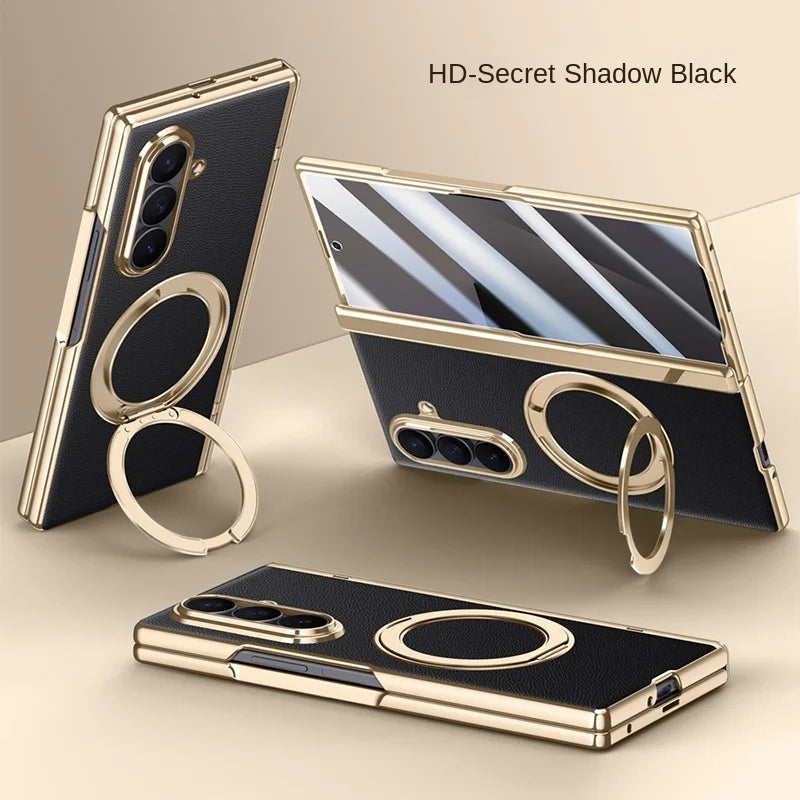 Luxury PU Leather Case for Samsung Galaxy Z Fold 7 | Ring Stand & Magnetic Wireless Charging