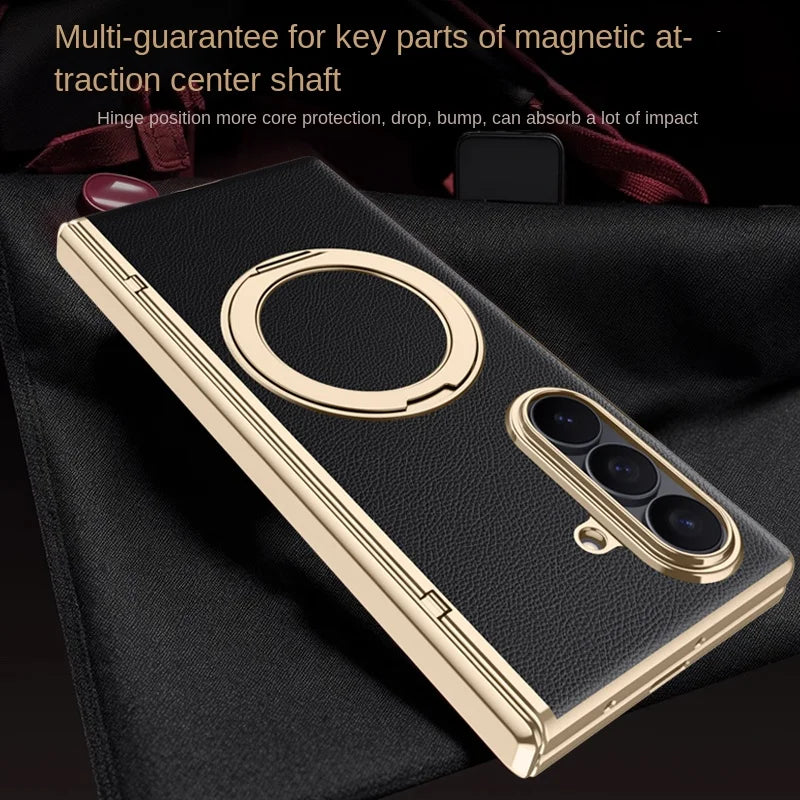 Luxury PU Leather Case for Samsung Galaxy Z Fold 7 | Ring Stand & Magnetic Wireless Charging