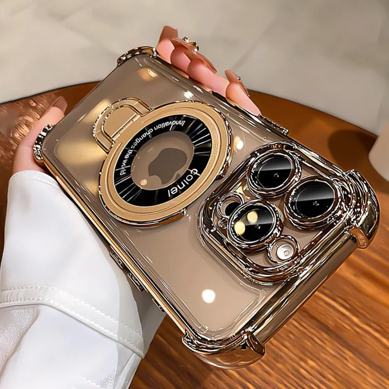 Luxury Plating Transparent Magnetic Case for iPhone 11–17 Series | MagSafe Compatible Ring Holder Cover