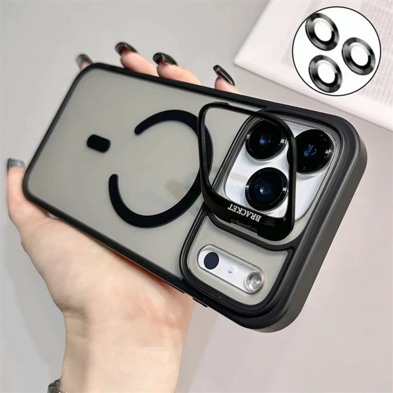 Translucent Matte Phone Case for iPhone 11–17 Series | MagSafe Compatible Camera Stand & Lens Glass Protector