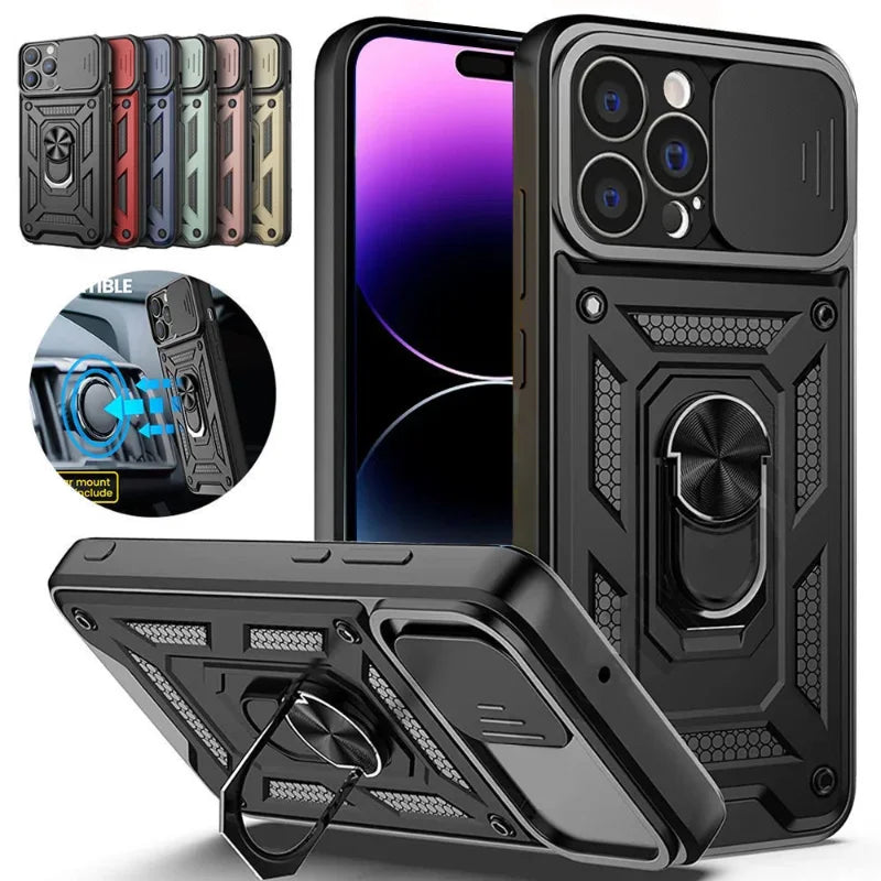 Magnetic Dual-Layer Phone Case with Ring & Kickstand | Anti-Scratch & Dustproof for iPhone